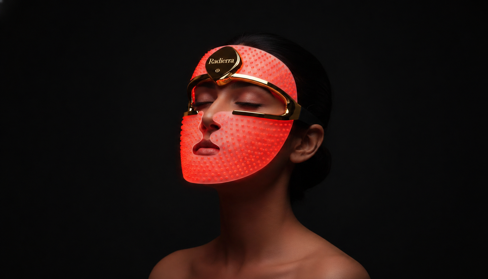 Woman wearing Radierra LED mask